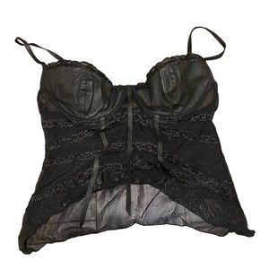 Vintage Frederick's of Hollywood black leather and lace mesh bustier corset top